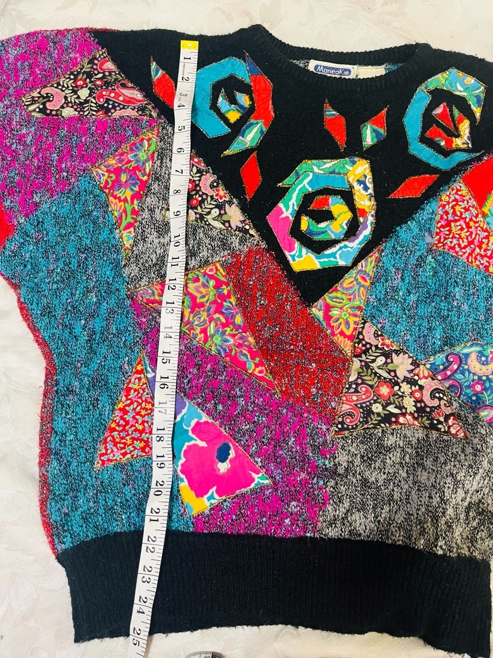 Vtg Mariea Kim Sweater Multicolor Vintage 80s Patchwork Knit Batwing Pullover M - Picture 10 of 12